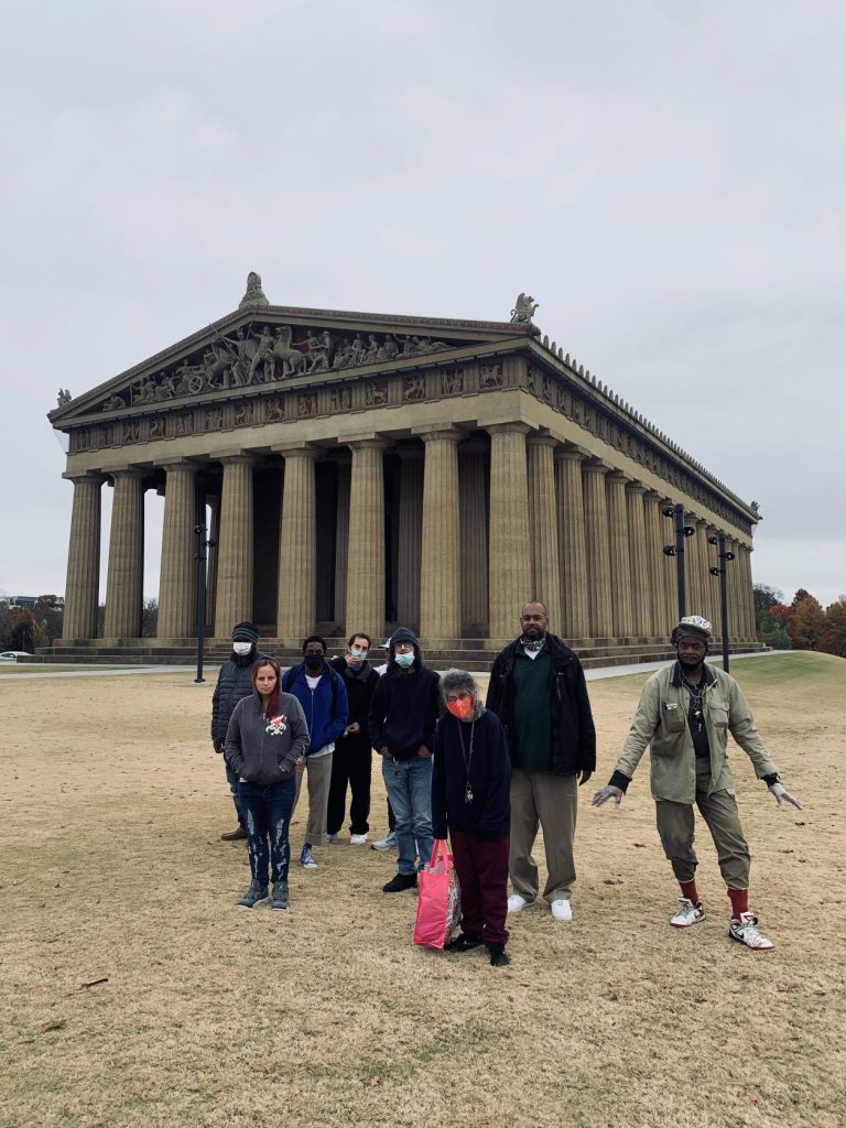 Park Center members posing in front of the Parthenon at Centennial Park.